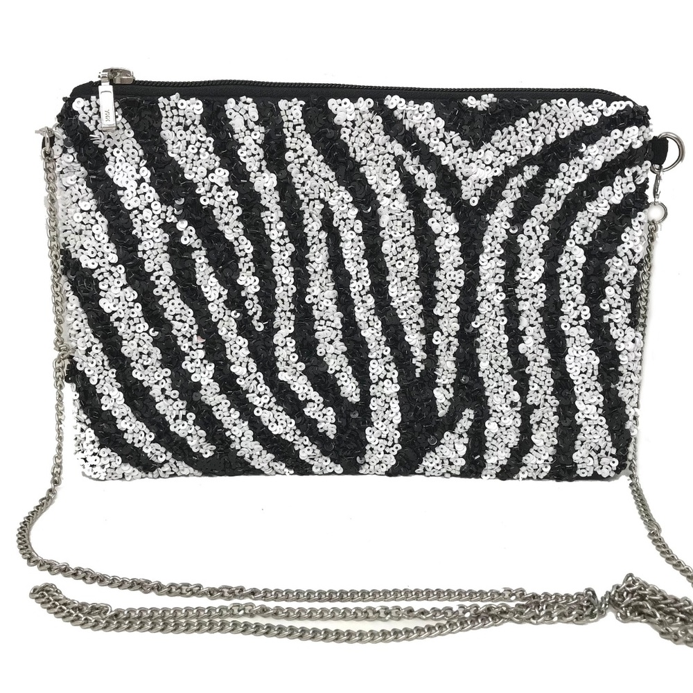 Beaded Black and White Zebra Animal Print Evening Handbag with Chain Strap